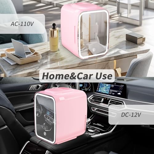 Image of YASHE Skincare Fridge Mini Fridge for Bedroom with Dimmable LED Mirror, 4Liter /6 Cans Cooler and Warmer for Makeup, Cosmetic, Beauty, Portable Refrigerator for Bedroom, Vanity, Office and Car- Pink