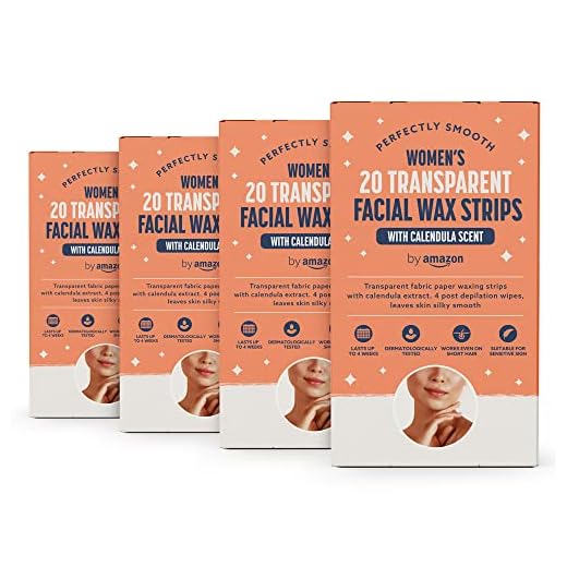 by Amazon Bandas de cera facial transparente con extracto de caléndula y 4 toallitas para después de la depilación, 20 Unidad, Paquete de 4