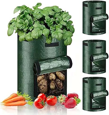 7 Gallon Plant Growing Bags-4 Packs, Potato Grow Pots for Strawberry Tomato Carrot & Other Vegetable, Heavy Duty Thickened Garden Growing Bags with Window and Handles (Dark Green)
