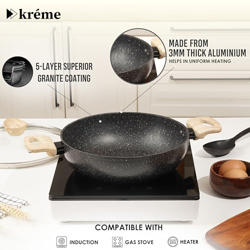Image of Kreme Venetia Premium Series 4-Piece Granite Kadai Cookware Set with Lid | Non-Stick Aluminium Deep Kadhai | Granite Coating | Induction & Gas Stove Compatible | Healthy Low-Oil Cooking, Grey