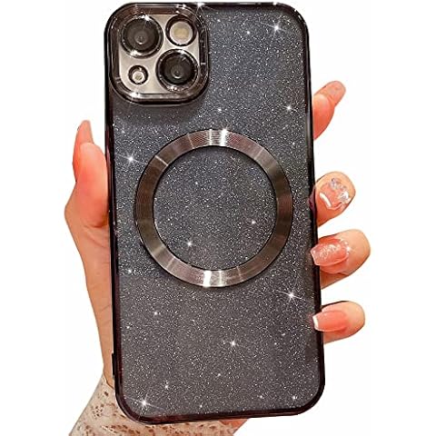 MGQILING Compatible with iPhone 13 Magnetic Glitter Case, Luxury Plating Cute Bling Clear Phone Case, Compatible with MagSafe for Women Girls with Camera Protector Back Cover - Black Cover