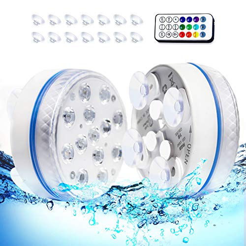 Splonary Submersible LED Lights with Magnet, IP68 Waterproof Underwater Pool Led Lights with 13 LEDs, 4 Suction Cups and 164FT/50M RF Remote, Battery Operated with 16 Color Changing Shower Lights