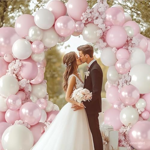 Image of Pink and White Balloons Arch Kit, Double Stuffed Pearl Pink White Sand Balloons Light Pastel Pink Beige White Balloons Garland Kit for Birthday Valentine's Day Bridal Shower Wedding Party Decor