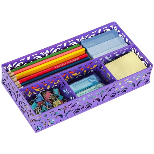 EasyPAG Desk Drawer Organizer with 4 Compartments, Carved Hollow Floral Metal Tray for Office, Jewelry, Cosmetics - No Assembly, Purple