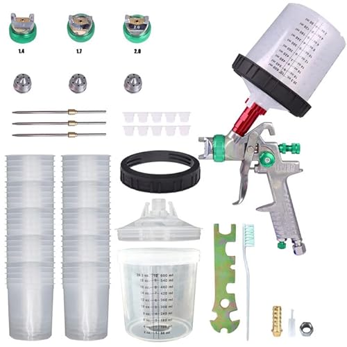 Hvlp Spray Paint Gun Kit With Paint Mixing Quick Cup With 1.4 1.7 2.0 Mm Nozzles 60 Disposable Cups For Car Furniture Fence Painting #TOP17