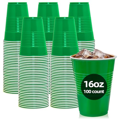 Bonsiny 100 Pack Green Plastic Cups, 16 Oz Green Disposable Cups, Plastic Party Cups Heavy Duty For World Cup Soccer Party Sports Games Day