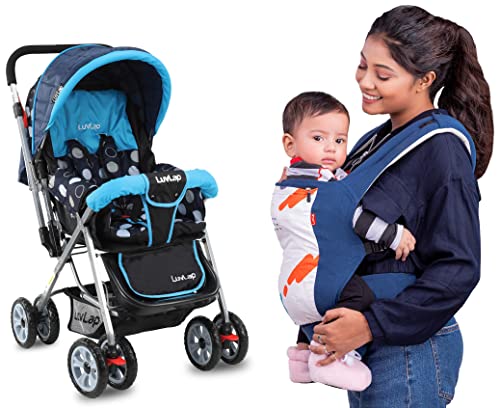 Luvlap Sunshine Stroller/Pram, Easy Fold, for Newborn Baby/Kids, 0-3 Years (Sky Blue) & Luvlap Adore Baby Carrier with 3 Carry Positions, for 6 to 24 Months Baby, Max Weight Up to 18 Kgs (Blue)
