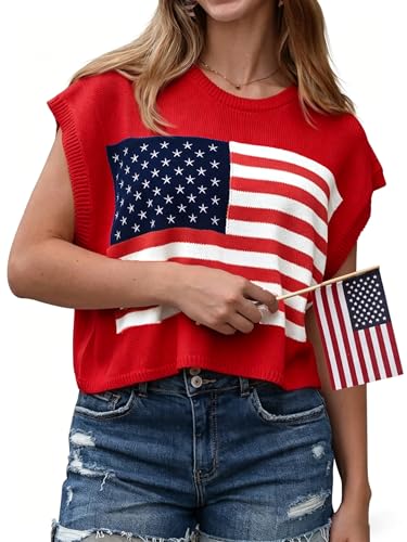 Image of Womens American Flag Sweater Cap Sleeve Summer Crop Tops Crew Neck Loose Fit Knit Sweater Pullover Top