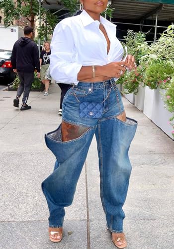 Unybwonn Women's Distressed Denim Pants High Waist Stretch Baggy Jean Straight Wide Leg Cargo Pants with Pockets4