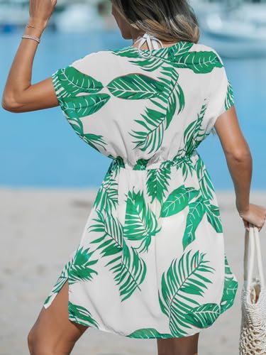 Image of CUPSHE Women's Swimsuit Coverup Casual V Neck Beach Dress Short Sleeve Elastic Waist Swimwear Cover Ups 2026 Beachwear