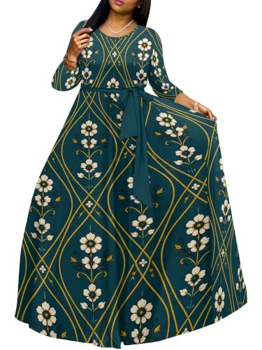 Image of Women Plus Size Long Sleeve V Neck Maxi Dress with Belt | Soft fabric relaxed fit three quarter sleeve v neck with pockets for party and daily wear