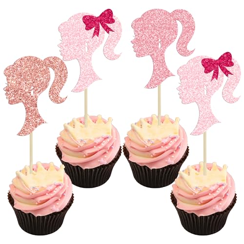 Ephlyn 24Pcs Girl Birthday Cupcake Toppers Multi Pink Glitter Princess Doll Head Cupcake Picks Princess Girl Cake Decorations for Bridal Shower Birthday Party Supplies