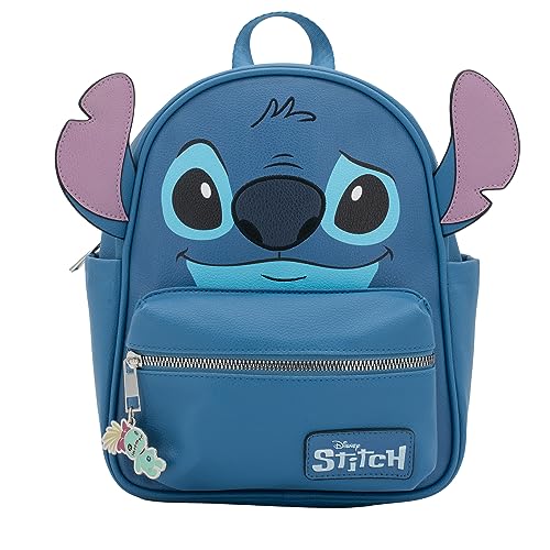 Disney Stitch Big Face Mini PU Backpack Purse, Shoulder Bag with Epoxy Filled Metal Scrump Charm, 10.5 Inch, Adjustable Straps, Faux Leather