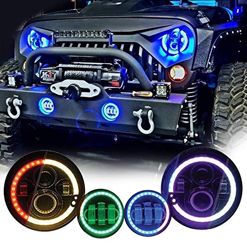 TOROFIBI 7inch Chasing Rotating RGB LED Headlights + 4inch Chasing Rotating LED Fog Light RGB Halos For Jeep Wrangler