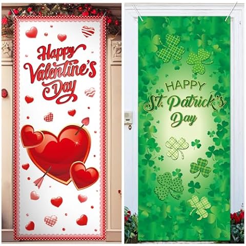 TaoBary 2 Pcs Valentine's Day and St. Patricks Day Door Covers Polyester Red Heart Happy Valentines Door Banner Green Shamrock Front Porch Decor for Valentines Day Irish Party Decorations Supplies Cover