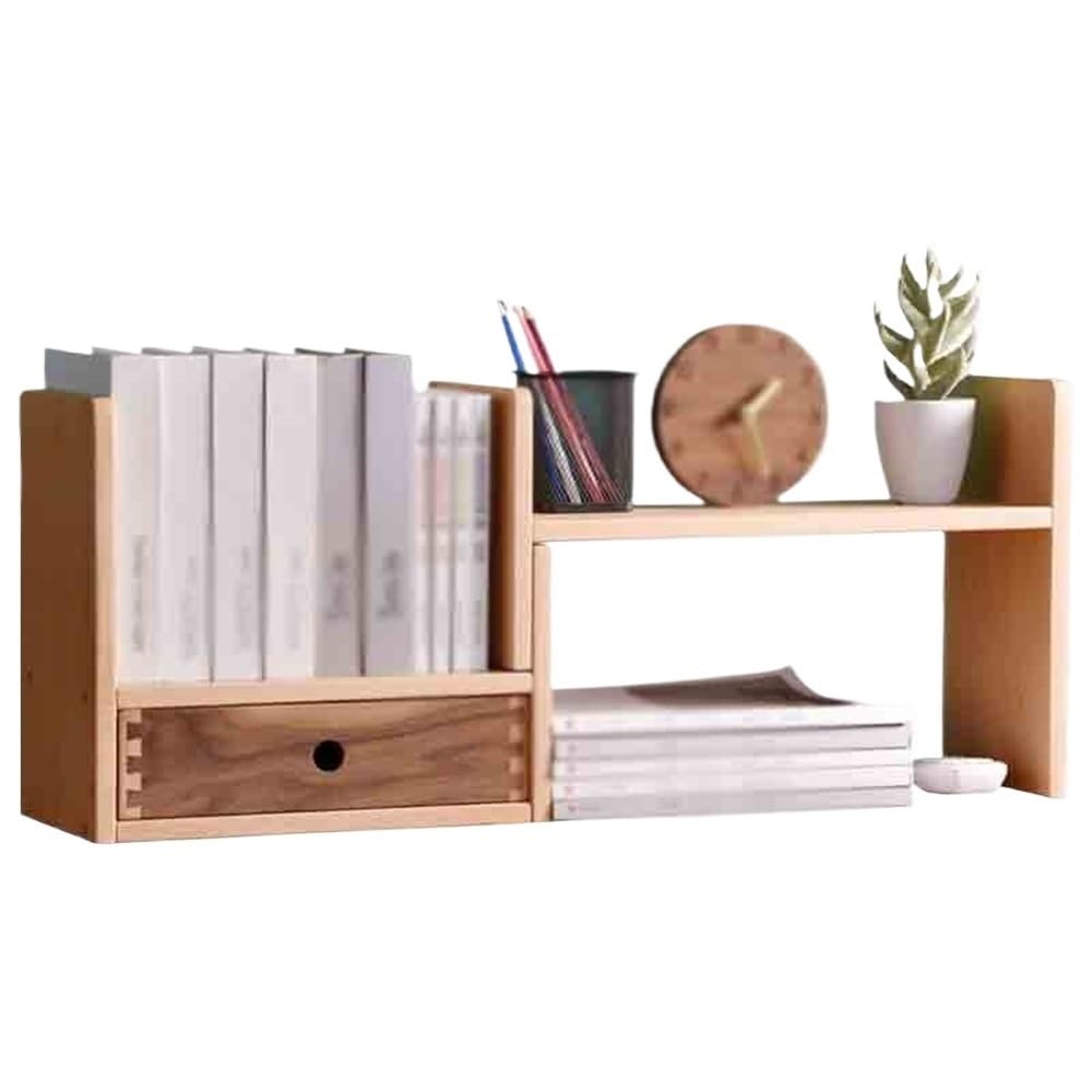 CWCQGH Bookshelf Simple Adjustable Desktop Bookshelf, Wooden Retractable Organizer Shelf with Drawers, for Home Office Study Storage Display Stand Bookcase