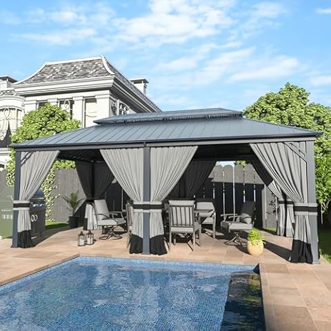 12' x 20' Hardtop Gazebo,Outdoor Galvanized Steel Metal Double Roof Gazebo with Curtains and Netting for Patios, Gardens, Lawns,Grey Cover