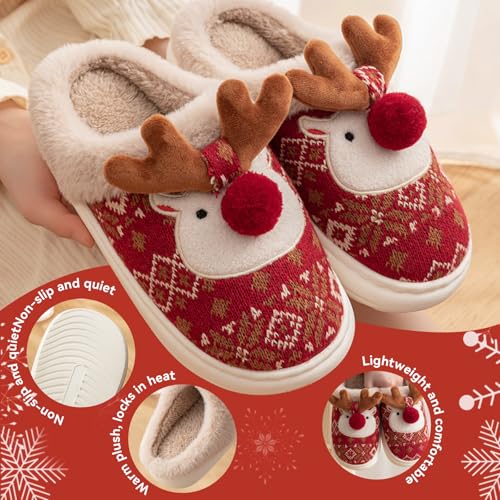 Christmas Slippers for Women Men,Retro Soft Cozy Comfy Plush Lightweight House Slippers Slip-on Indoor Outdoor Slippers,Slip on Anti-Skid Sole,Baby Cute Fluffy Reindeer Slippers,Toddler Deer Plush Soft Warm Home Slippers for Boy Girl,Indoor Shoes3
