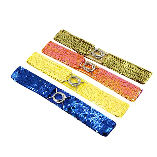 RARITYUS 4 Pack Women Girls Elastic Waist Belt Sparkly Glitter Sequin Decor Metal Buckles Wide Dress Skirts Corset Cinch Belt3