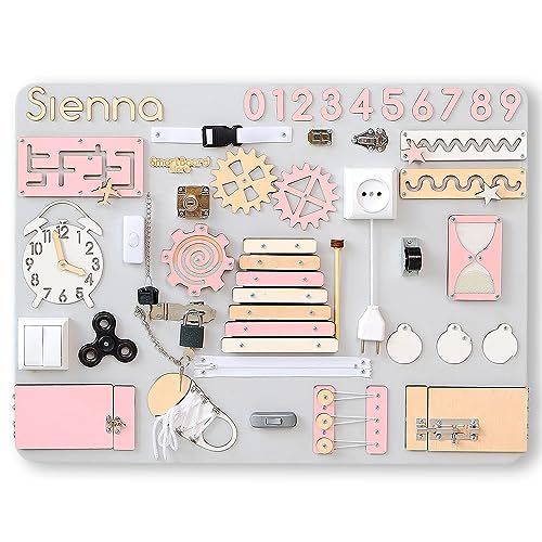 Personalized Large Montessori Busy Board for Toddlers 1-3 Year Old, Educational Sensory Toy, Fine Motor Skills, Activity Wall Panels for kids (Baby Pink)