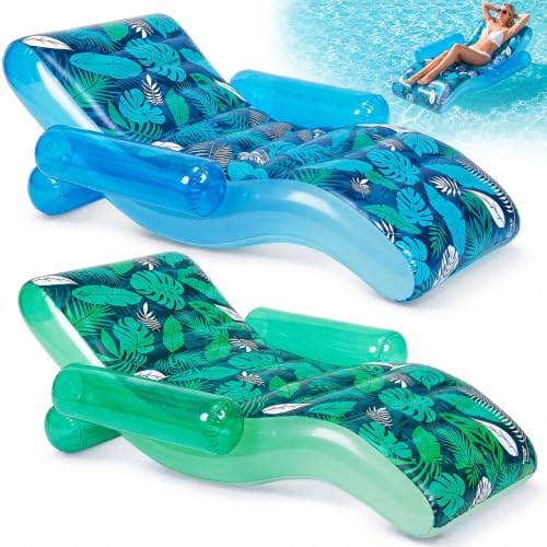 Image of Foilswirl 2 Pack Giant Inflatable Pool Floats for Adults,70 x 59 Inch Heavy Duty Pool Rafts with Backrest and Armrests Oversized Floating Lounge Chairs for Beach Lake River Summer Parties (Blue Green)
