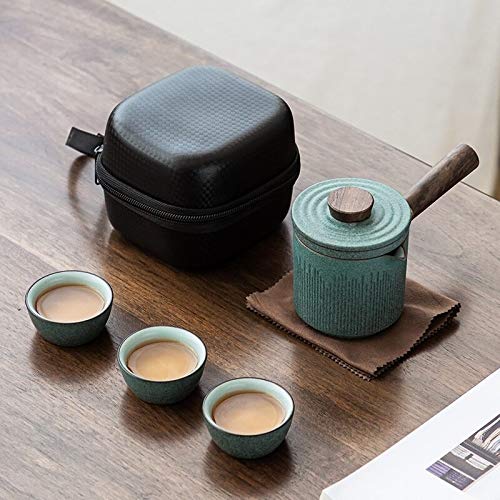 Green Ceramic Kyusu Teapots With 3 Cups A Tea Sets Portable Travel Tea Set Drinkware (Color : Travel tea sets)