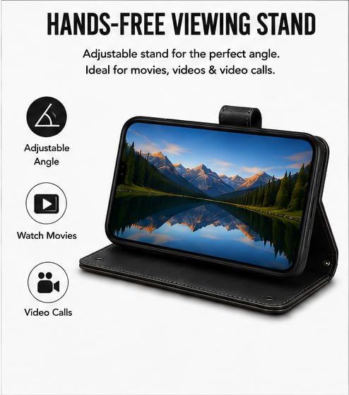 Image of HushLush Premium Flip Cover Compatible for Redmi A7 Pro | Shockproof Wallet Style Protective Case with Card Slots, Magnetic Closure, Stand Function & Full Body Protection (Plain Metallic) (Black)