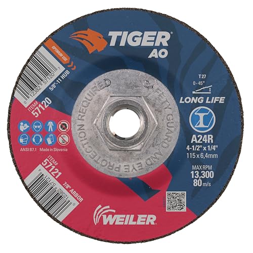 Image of Weiler 57120 Tiger 4-1 /2 inch Grinding Wheel, Type 27, 1 /4 inch Thick, A24R, 5 /8 inch-11 UNC Nut (Pack of 10)