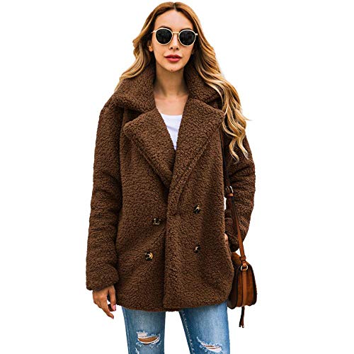 Womens Winter Coat Casual Lapel Fleece Fuzzy Jacket Button Down Shearling Sherpa Fur Jackets Outwear with Pockets (Brown,Large)