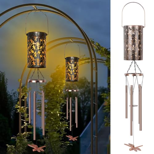 Qoosea Solar Wind Chimes for Outdoor, Waterproof Dragonfly Solar Lights Wind Chimes Birthday Gifts for Mom Grandma Women, Garden Decoration Windchimes for Christmas Outside Decor Lantern
