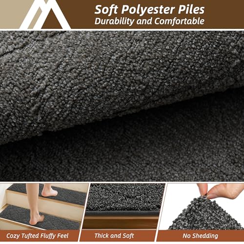 COSY HOMEER 15 Pack Full Edge Wrapping Stair Carpet Treads,70x22 CM Non-Slip Stair Tread Runners for Indoor Wooden Steps Stairs Soft Polyester, Easy Care & Peel Noice Reduction, Black - Image 2