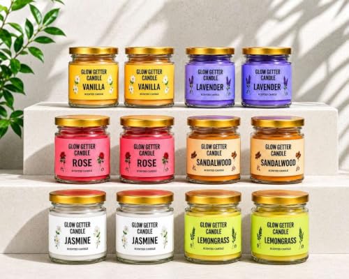 Image of Glow Getter Mini Jar Scented Candle Set | Premium Aromatherapy Candles in Glass Jars | Long Burning Home Fragrance Candles for Relaxation, Home Decor & Gifting, Scented Jar with lid (Pack of 12)