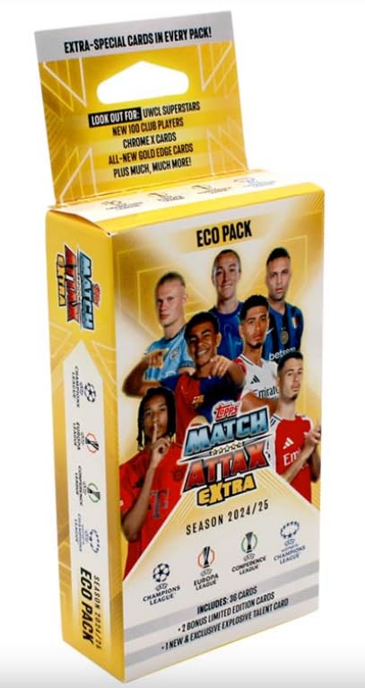 Topps Match Attax Extra UEFA Champions League TC 2024/2025 | Eco Pack | 36 Cards + Limited Cards + Explosive Talent Card | With Heartforcards® Shipping Protection