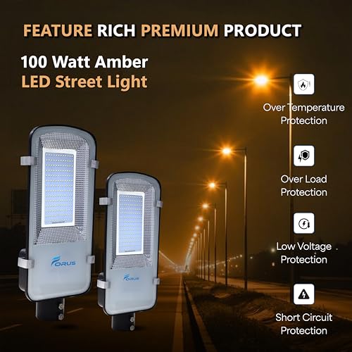 Image of Forus 100W LED Street Light with Clamp, IP66 Waterproof Outdoor LED Street Light, High Lumen 12000lm Amber, Aluminium Body for Road, Parking Lot, Garden & Industrial Outdoor Lighting (1 Pc)