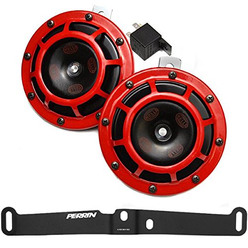 HELLA Supertone 12V High/Low Tone Twin Horn Kit with Perrin Bracket Compatible with 2015 Subaru WRX STI (Red)