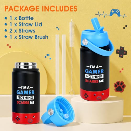 Image of Kids Insulated Water Bottle with Straw Lid, 14oz Double Wall Vacuum Stainless Steel Tumbler, Leak Proof Reusable Metal School Cup for Boys Girls, Keep Cold 24H Hot 12H (Blue-Red-I M A)