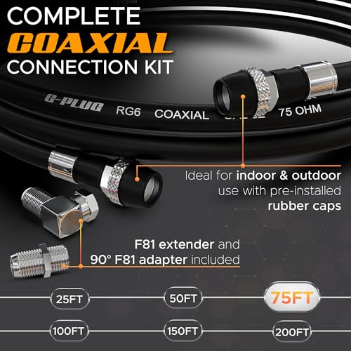 Image of G-PLUG RG6 Coaxial Cable 75FT - Triple Shielded, Waterproof, 75 Ohm with F-Type Connectors, High-Performance for HDTV, Satellite, Internet, Indoor /Outdoor Use