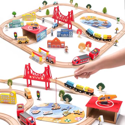 TradeWings 118PCS Wooden Train Set, City Railway Playset with Electric Train & Fishing Game,...