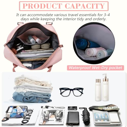 INVODA Travel Duffel Bag Sports Tote Gym Bag Shoulder Weekender Overnight Bag Carry on Travel Bag for Women (Pink) 5