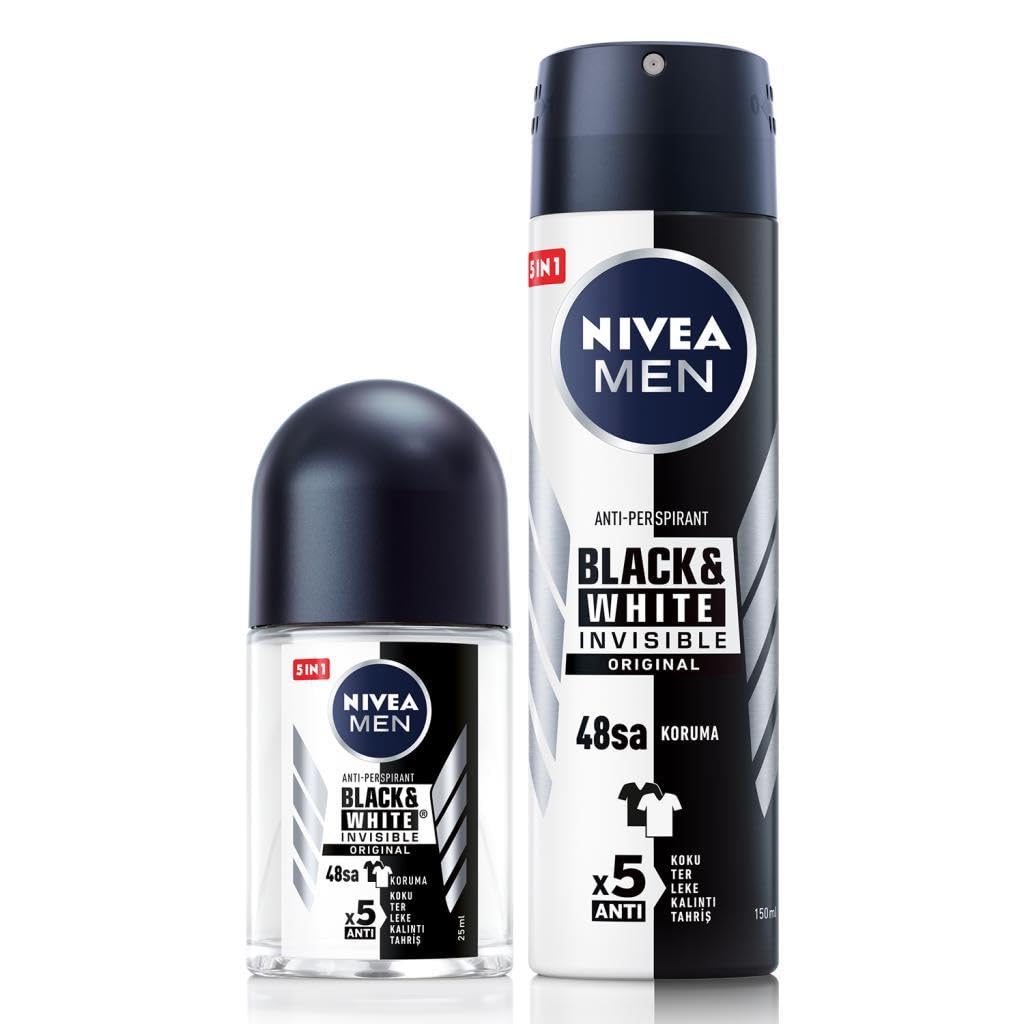 NIVEA MEN Erkek Sprey Deodorant Black&White 150ml ve Mini Roll-on Black&White 25ml, 48 Saat Koruma