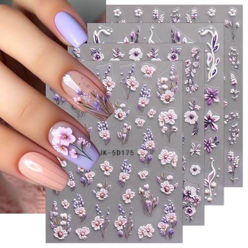 JMEOWIO 3D Flores Pegatinas Para Uñas Autoadesiva 5D Nail Art Stickers Decoración 4 Hojas