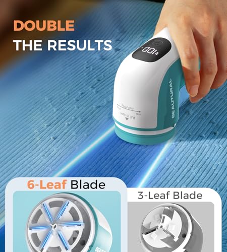 Image of BEAUTURAL Fabric Shaver, Rechargeable Lint Remover, Electric Portable Sweater Defuzzer with 3 Speeds, 6 Leaf Blades, Digital LED Display, Remove Pilling for Clothes, Furniture, Sweater, Couch, Blanket