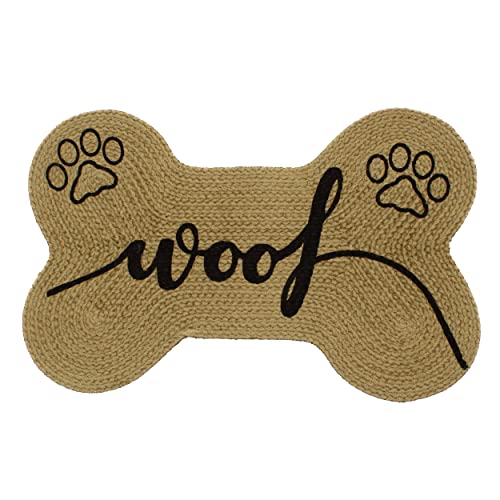 Decorative Dog Feeding Mat/Rug for Bowl Natural Cotton Easy Clean Woof Bone Shaped 15' x 23' Beige