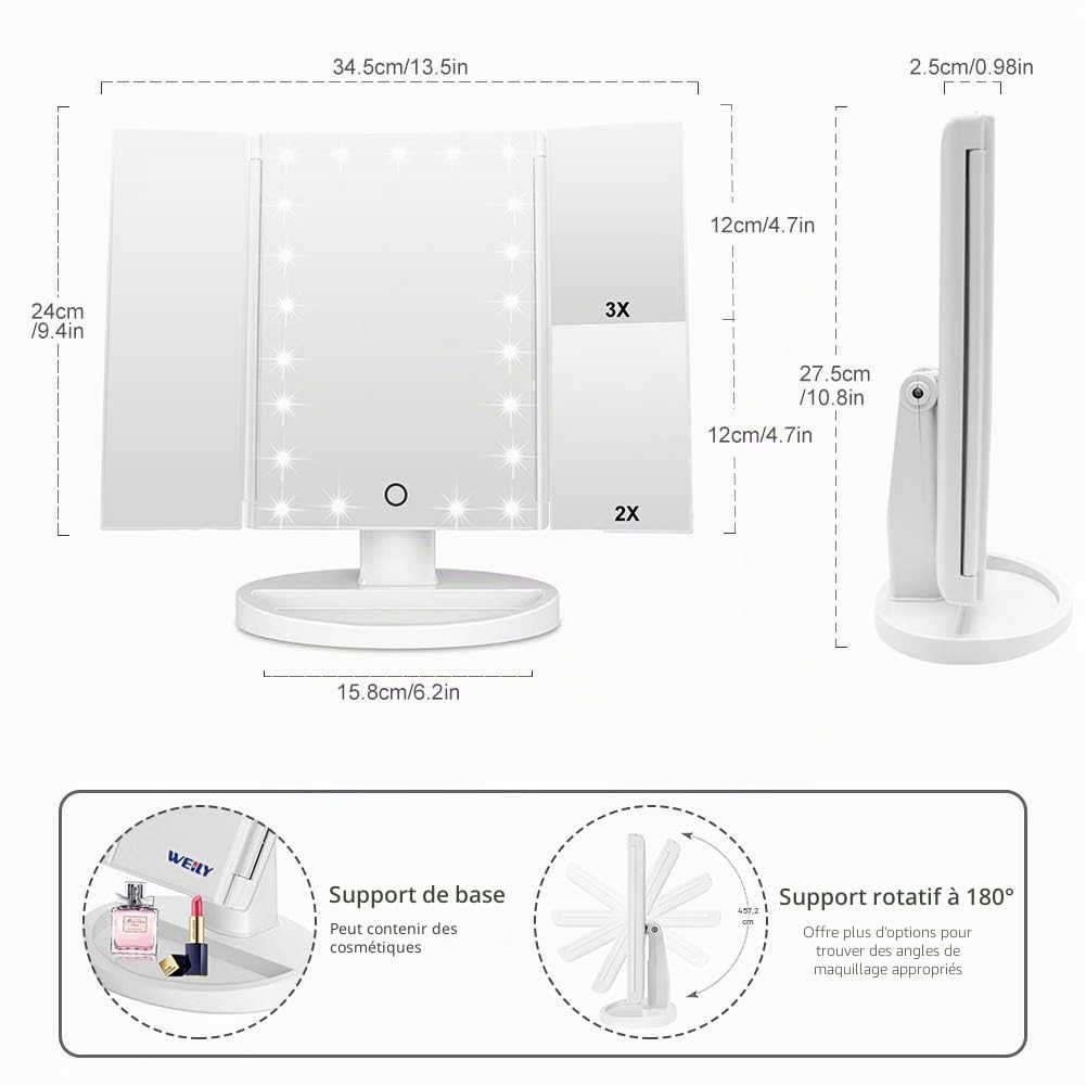 WEILY Miroir de Maquillage, 1x /2x/3x Miroir de Maquillage à Trois Volets avec 21 lumières LED et Miroir réglable à écran Tactile Miroirs de comptoir cosmétiques (Blanc)