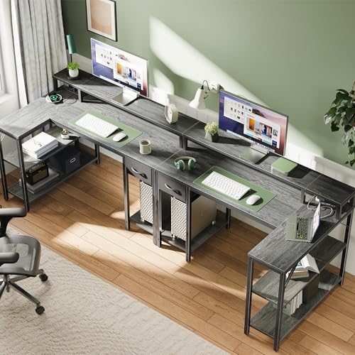 Image of SUPERJARE 47 inch Reversible L Shaped Desk with LED Lights & Power Outlets, Computer Desk with Shelves & Monitor Stand, Gaming Desk with Drawer, Home Office Desk Corner Desk, Grey