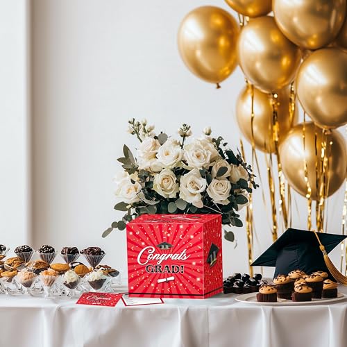 Image of JOYIN 9 inch Graduation Decorations Card Box with 36 PCS Cards (Red), Class of 2026 Congrats Grad Box for Grad Party Decoration, Gift Card Money Box Holder for Graduation Party Favor Gifts Supplies