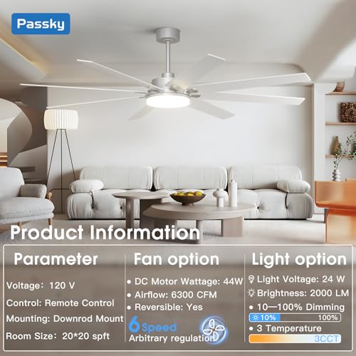 Image of 72 inch Ceiling Fans with Lights, Large Modern Ceiling Fan with Light and Remote Control, Reversible, Dimmable, 3CCT, Quiet, Nickel Ceiling fan For Bedroom Living Room Patio Farmhouse, Indoor /Outdoor