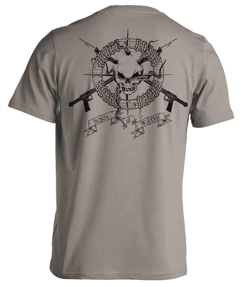 Born of Water Skull and Speargun Spearfishing T-Shirt: Mens Short Sleeve for Fishing, Scuba Diving, Boating, and Beach