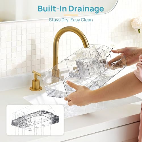 Image of Vtopmart 7 PCS Bathroom Countertop Organizer, 1 Divided Tray with 4 Qtip Holder Jars and 2 Drawers, Restroom Clear Organizers for Toothbrush, Cotton Pads, Vanity Accessories Storage Set
