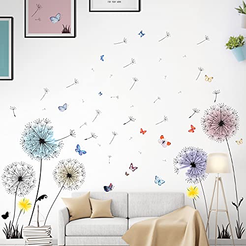 3 Sheets Dandelion Wall Decals Peel and Stick Flying Flowers Butterflies Wall Stickers Dandelion Wall Art Sofa Backdrop Bedroom Living Room TV Wall Decorations